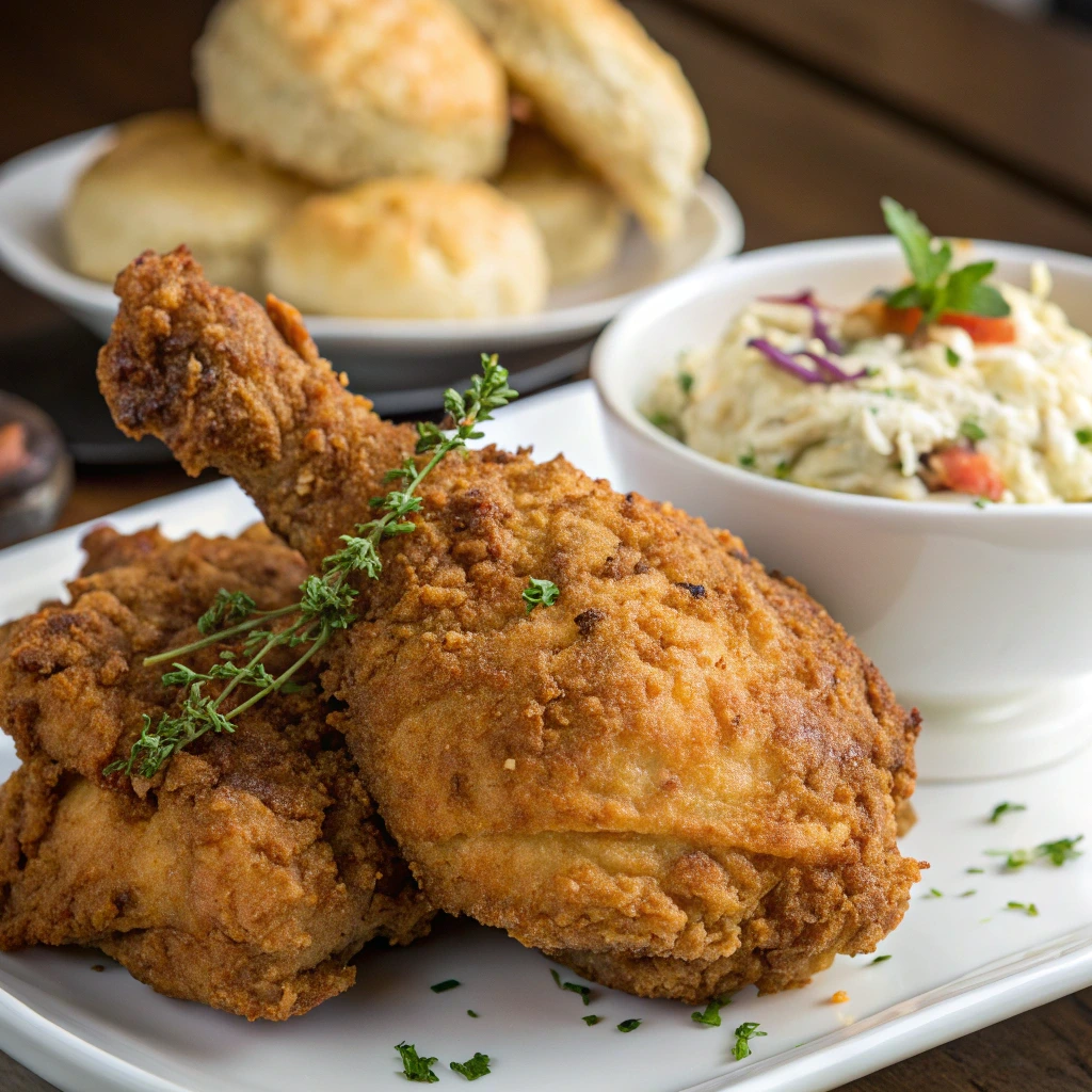 A plate of crispy, golden-brown homemade Kentucky Fried Chicken with a side of coleslaw and mashed potatoes.